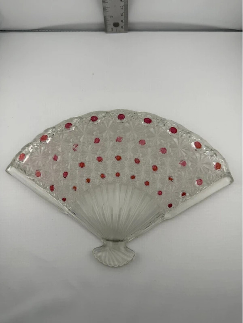 Vintage Clear Pressed Glass Fan Dish Ruby Red Accents Daisy & Button Style